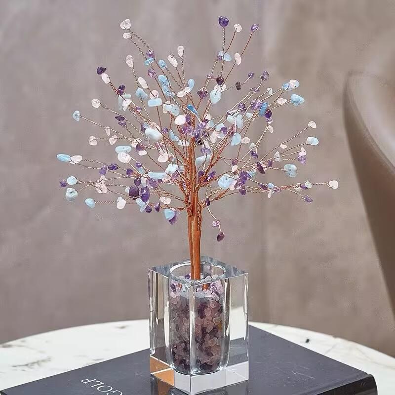 Natural Crystal Raw Stone Wire-wrapped Fortune Tree Ornament Living Room Tabletop Office Desk Wishing Tree Decoration Stand