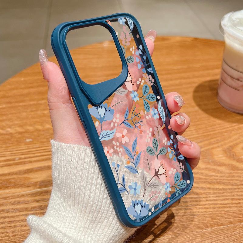 Shockproof Slim Hybrid Acrylic Phone Case for iPhone 15 Pro Max 14 Plus 13 Transparent Colorful Flower Soft Edge Cover