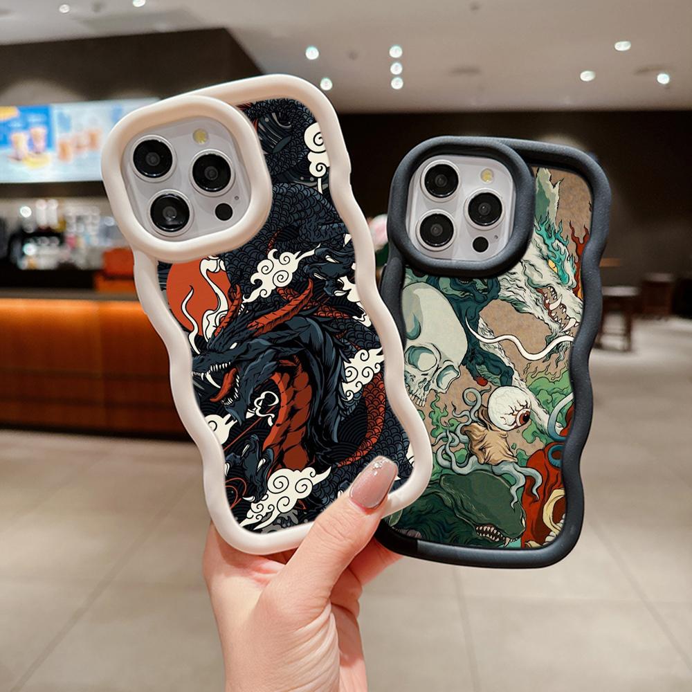 Macaron Big Wave Soft Phone Case für iPhone 11 12 13 14 15 Samsung A13 A14 A15 A23 A24 A25 A54 A55 Xiaomi Redmi Note 13 12C Cover A33 Drachendesign