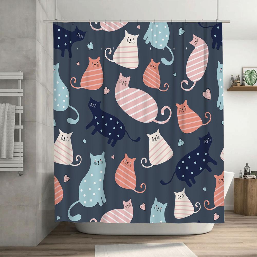Modern Colorful Cat Print Shower Curtain for Bathroom Decor Available in Multiple Sizes