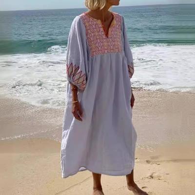 Summer Lady Dress Three Quarter Sleeves Bohemian Style Printed Loose V Neck Pullover Casual Mid-calf Length Midi Dress