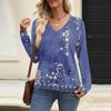 Women's Casual Fashion V-Neck Raglan Pleated Floral Print Long Sleeve Top