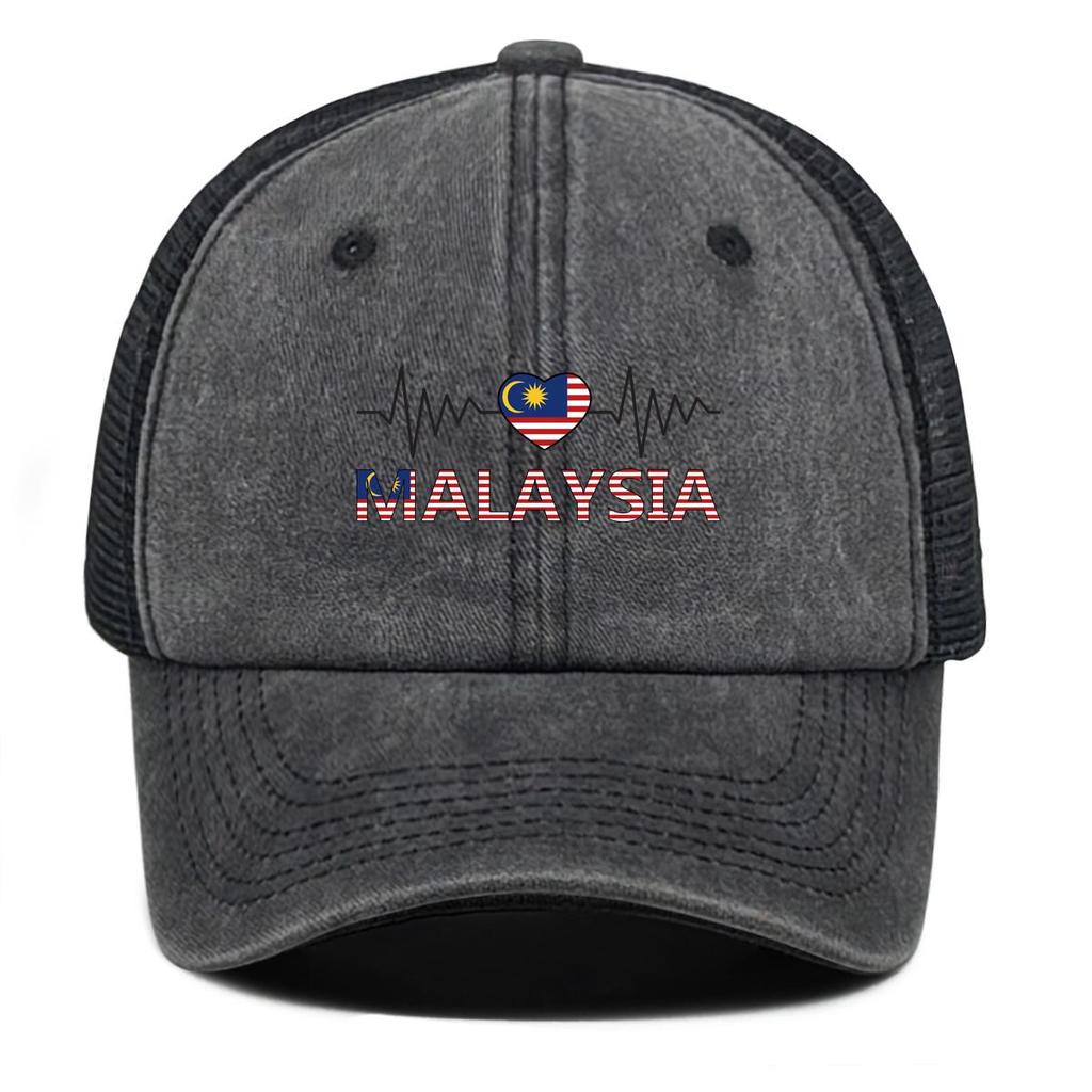 Heart Wave Malaysia Flag Print Snapback Baseball Hat, Patriotic Flat Cap Raw Brim Lightweight Distressed Adjustable Strap Snapback Baseball Cap