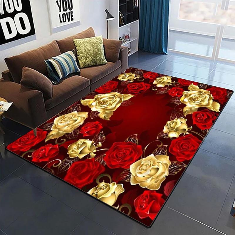 Goldene Rose Blumenteppich Für Zuhause Schlafzimmer Wohnzimmer Sofa Tisch Dekor Weicher Teppich Küchenbodenmatte 3D-Druck Blumenmuster Fußmatte