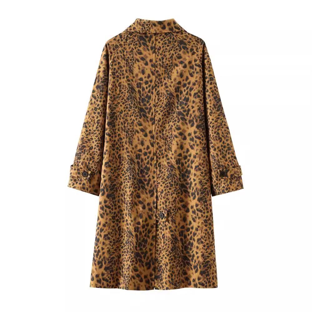 Spring and Autumn New Women's Fashion Leopard Print Coat Long Sleeves Hidden Buckle Lapel Overcoat Pocket Vintage Street Windbreaker