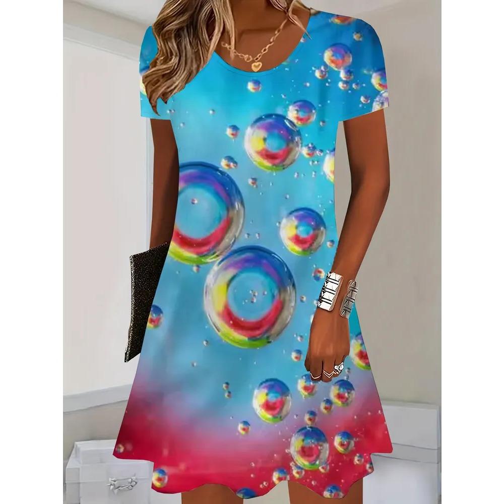 Summer Round Neck Short Sleeved Dress Colorful Heart-shaped Water Droplet Print Fashionable Comfortable Breathable Vacation Casual Women's Mini Dress