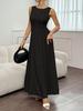 Damen Unifarben Ärmellos Plissiert Rundhals A-Linie Maxikleid Elegant Langes Freizeit-Partykleid