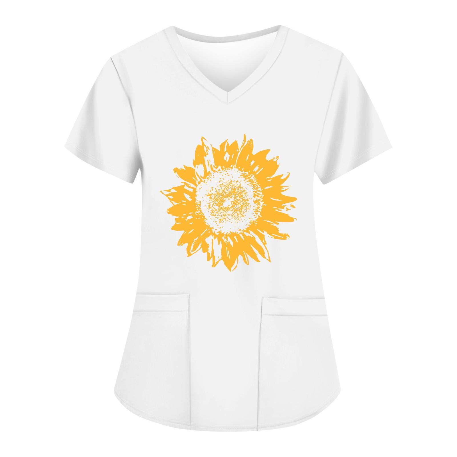 

Женские модные топы с короткими рукавами и V-образным вырезом с принтом, рабочие футболки с карманами XL белый