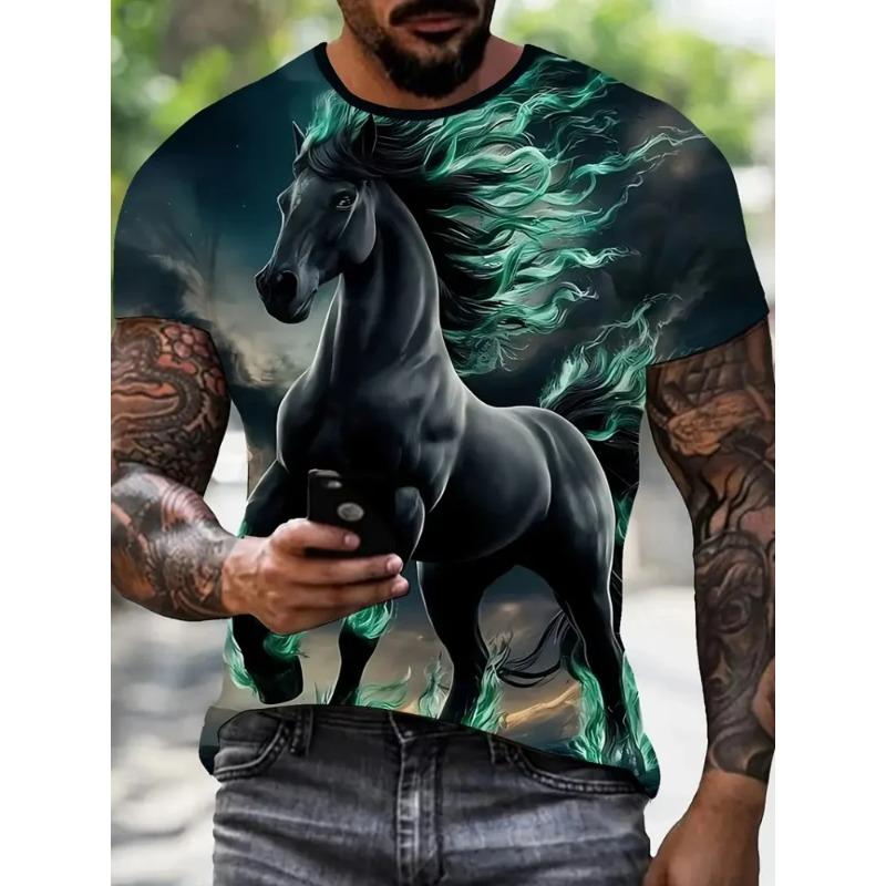 

Літній чоловічий топ з круглим вирізом та 3D принтом коня, модний, повсякденний, вінтажний, з коротким рукавом XL