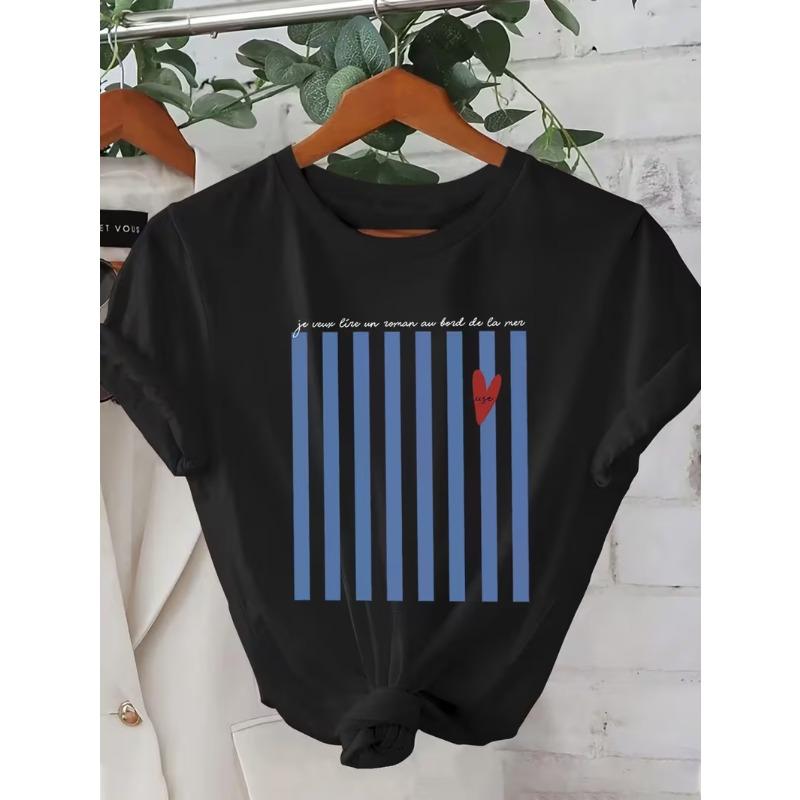 

Blue Stripe and Red Heart Graphic Tshirt Spring Summer Loose Fit Womens Tee Casual Shirt Daily Wear Easy Wear Fashion Top 4XL