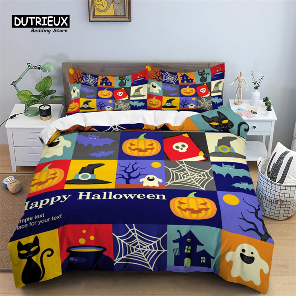 Skull Bedding Set Halloween Bats Duvet Cover King Size Microfiber Pumpkin Skeleton Print Comforter Cover With Pillowcases Decor
