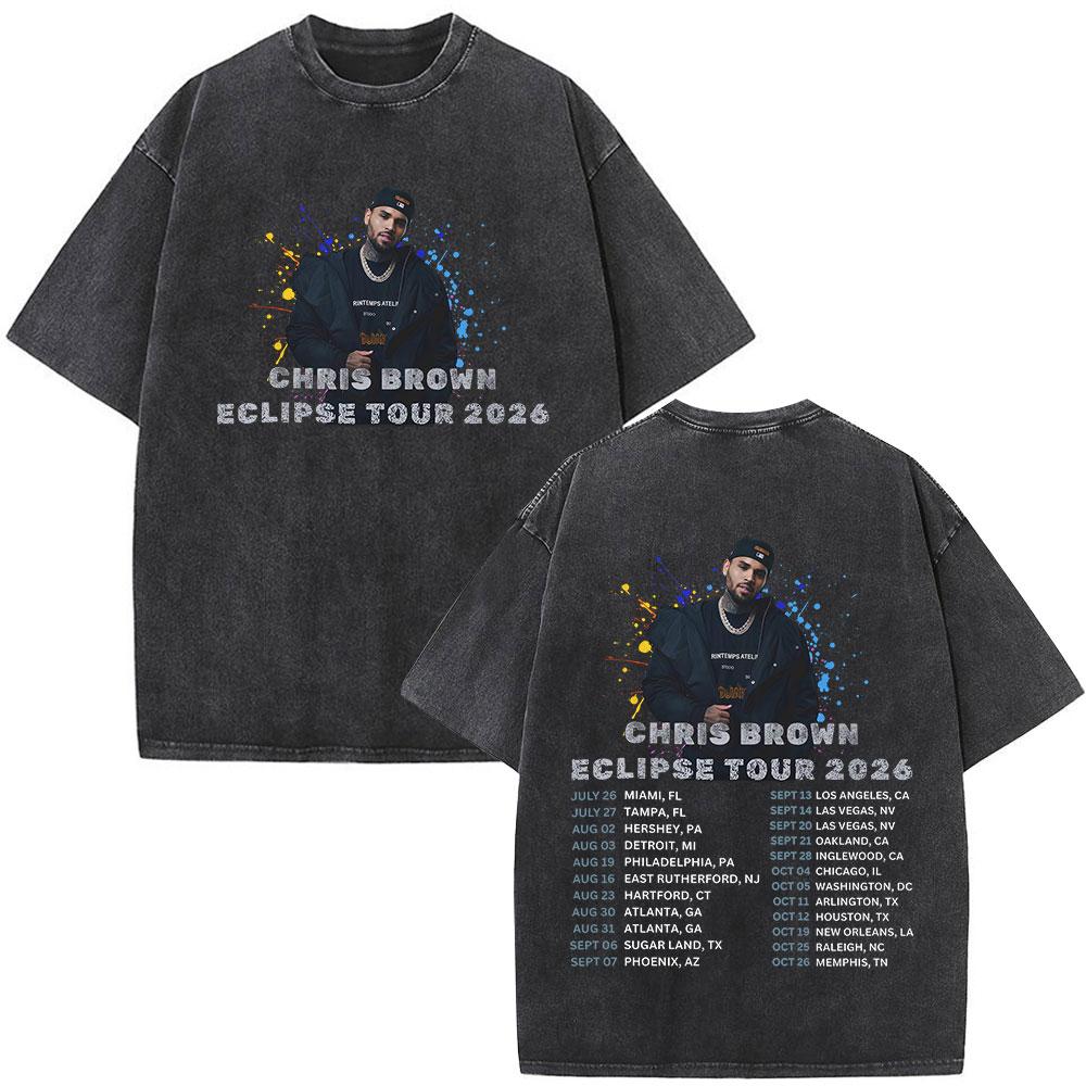 Rapper Chris Brown Eclipse Tour Merchandising Concerto Maglietta Lavata Vintage Regali per Fan Uomo Donna Moda Hip Hop Magliette Oversize