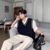 Men's Casual College Style V-Neck Knitted Sweater Vest - Autumn/Winter Korean Loose Fit