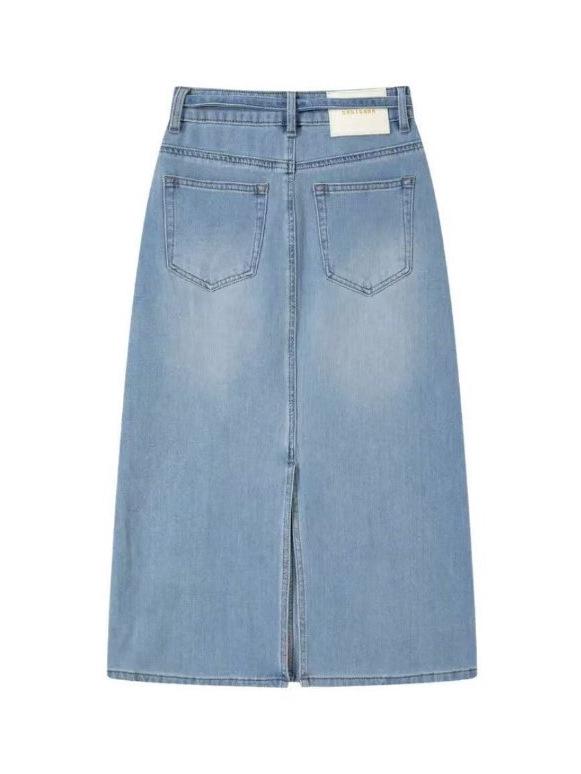 Hong Kong Style Tencel Stretch Back-Slit Denim Midi Skirt - High-Waisted, Tie-Up, Slimming & Versatile for Women (Spring 2026)
