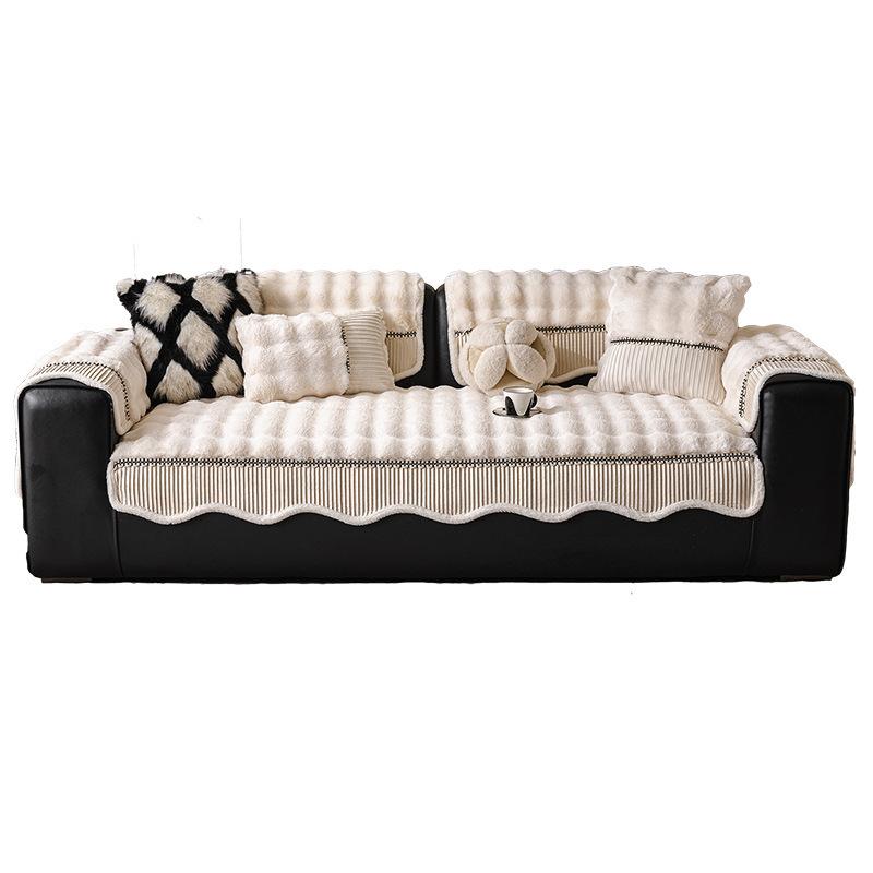 Winter High End Anti Slip Cover Cloth Irregular Thickened Plush Seat Cushion Straight Row One Piece Rabbit Plush Sofa Cushion