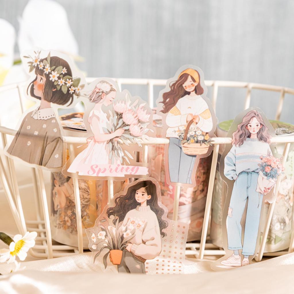 Alideco Masking Cute Retro French Rustic Girl 55mm Wide x 2m PET Adhesive Wide Stylish Masking Sticker 6-Pack Tape, Design, Clear, Water-Resistant