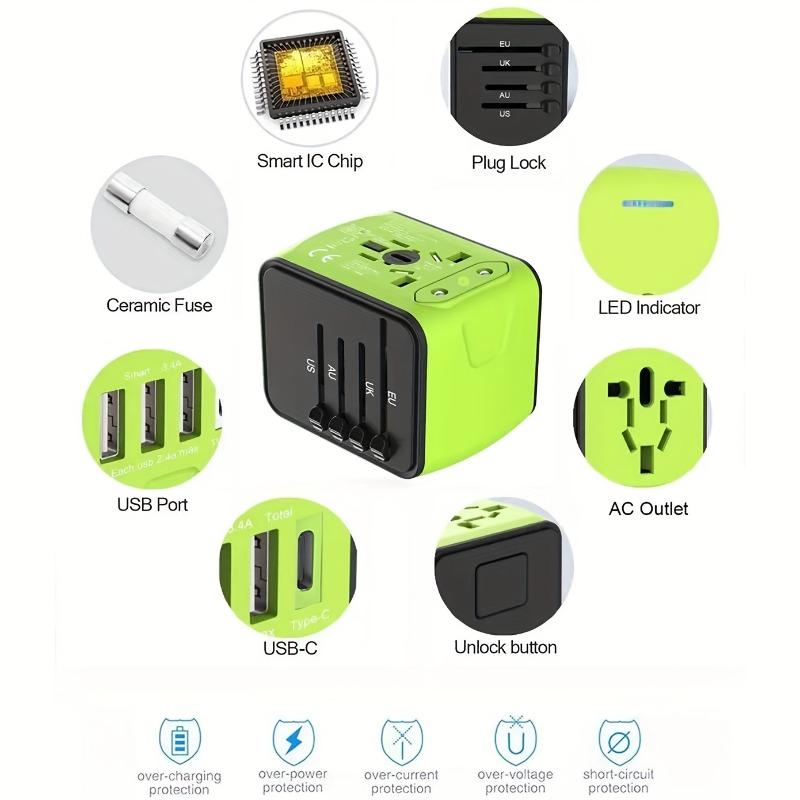 Universeller Reiseadapter Reiseladegerät für US EU UK AUS Reisen mit 3 USB- und 1 Typ-C-Anschluss