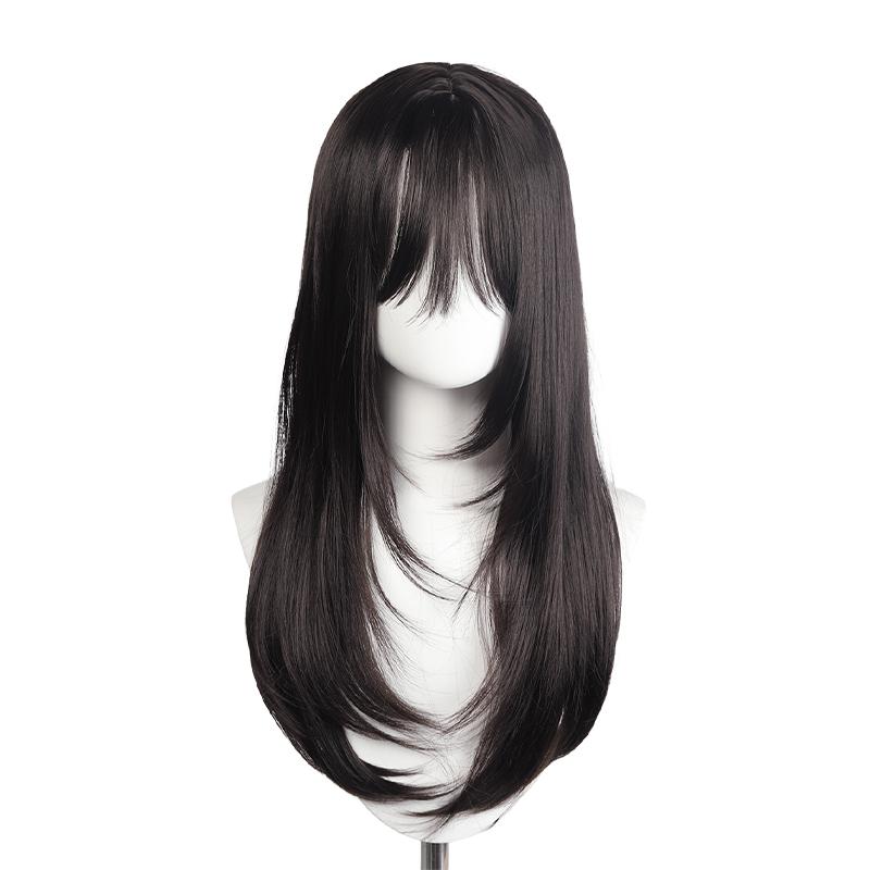 60cm Layered Black Long Straight Wig with Air Bangs, Full Cap Synthetic Fiber Wig for Lolita & JK Style Daily Wear