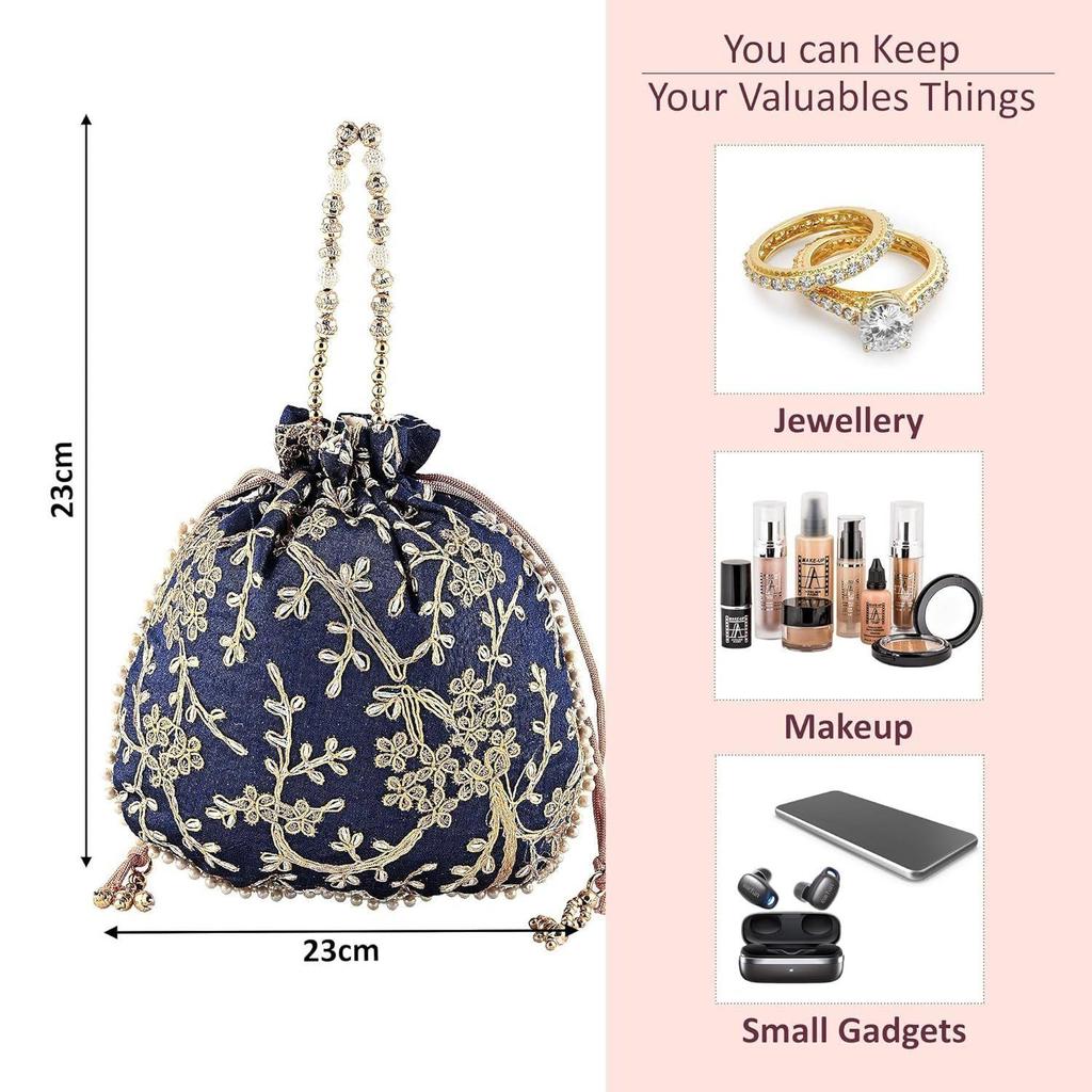 Pack of 3 Potli Bags for Ladies & Girls | Women Shagun Pouches for Festive Seasons | Embroidery Batwa Bag Bridal Purse -Dark Blue