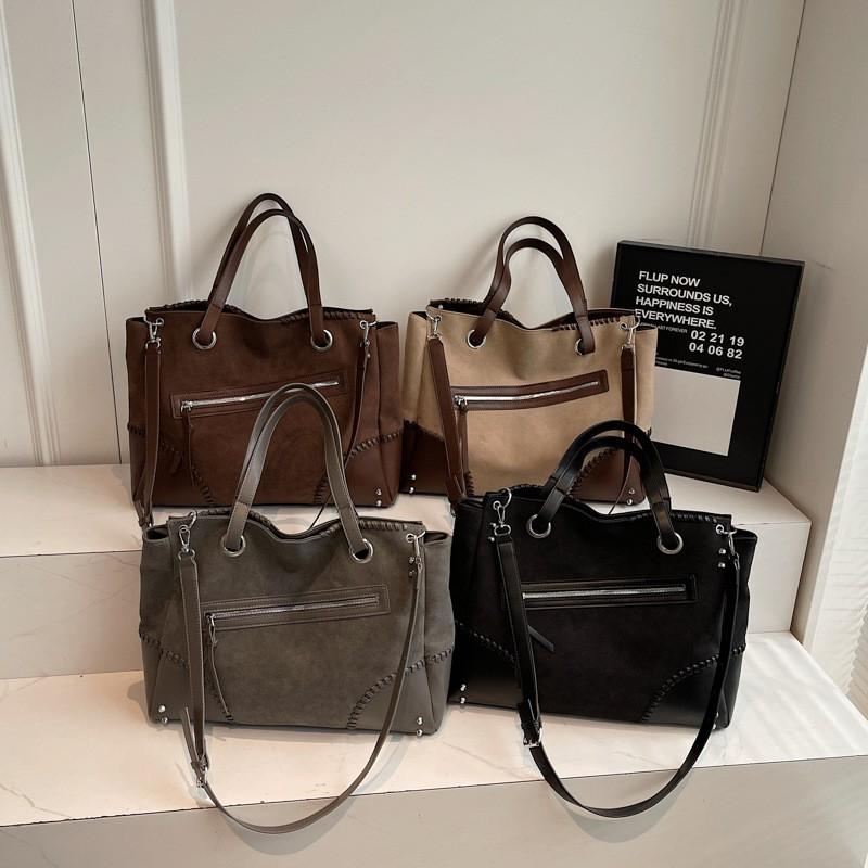 Large Capacity Tote Bag Women Vintage Contrast Color PU Leather Soft Structured Daily Commute Casual Use