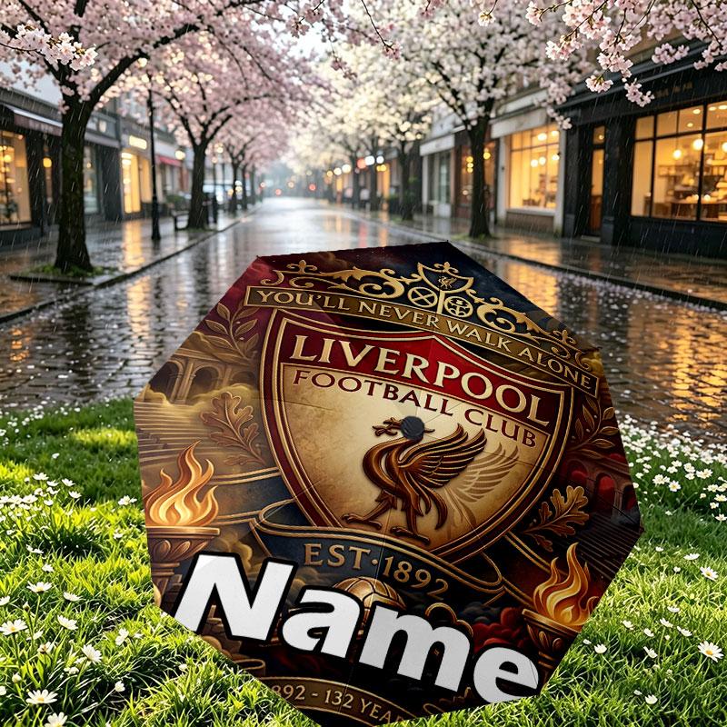 Custom Name Personalized Liverpool Football Club Print Umbrella, Auto Open Close, 8‑Rib Sturdy Frame, Commute Camping Hiking Use, Birthday Gift