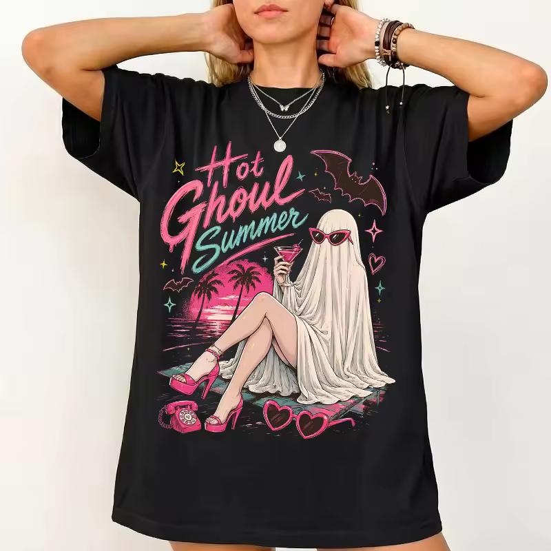Vintage Hot Ghoul Summer Shirt, Summerween Ghost Halloween Tee Summer Unisex Loose and Breathable T-shirt Top