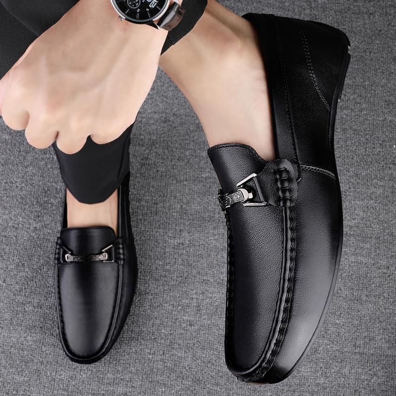 Fashionable New Men Top Layer Cowhide Comfortable Soft Sole Bean Shoe Spring Men Breathable Low Top Business Casual Leather Shoe