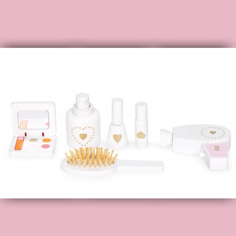 Wooden girl's dressing table, mirror, accessories, white, elegant, neutral