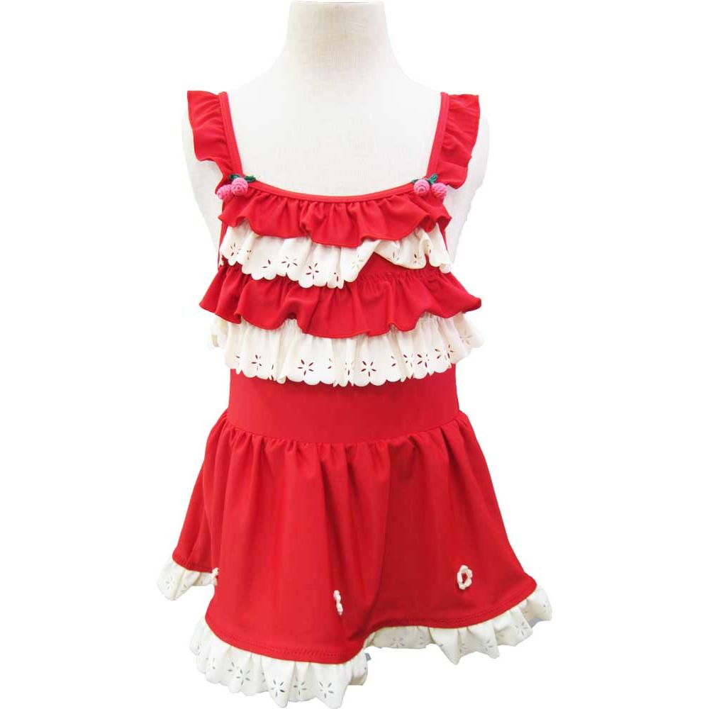 Swimsuit for girls (red punching lace) One piece with frills Admission to school