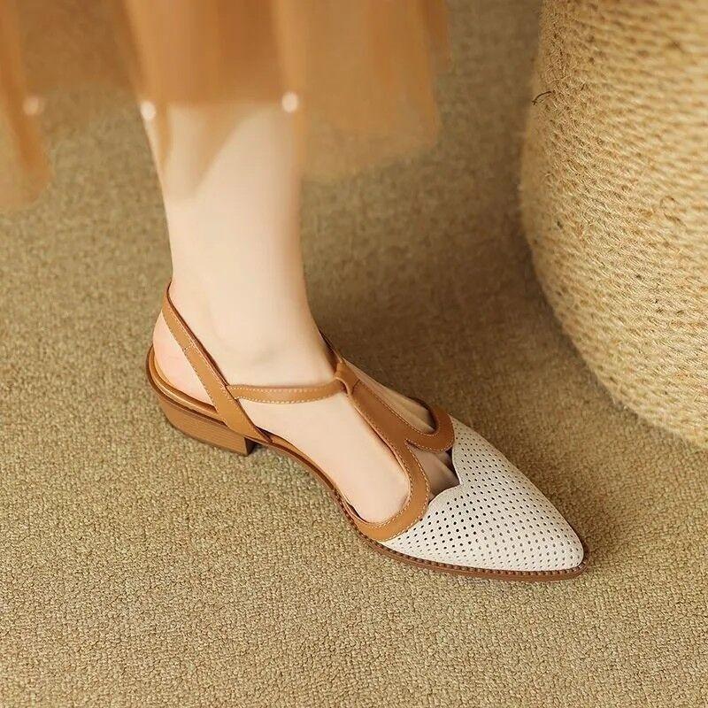 Fashion NEW Summer Women Sandals Split Leather Shoes for Women Simple Pointed Toe Chunky Heel Shoes Cover Toe Slingback Designer Sandals