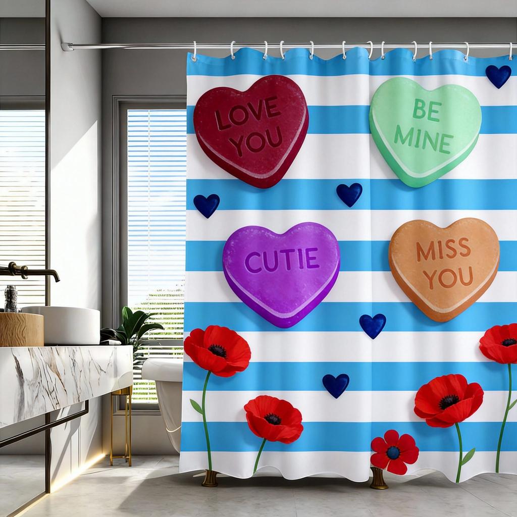 Valentine'S Day Candy Heart Shower Curtain Checkerboard Pattern With Love Messages Waterproof Polyester Bath Curtain With Hooks