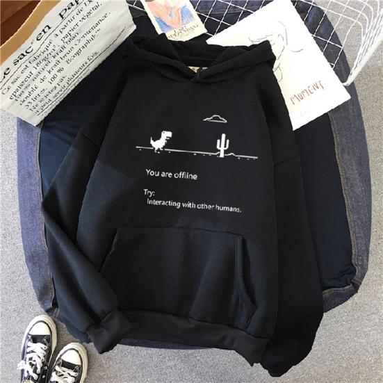 Dlouhé rukávy Kapsa Stahovací šňůrka Zesílená plyšová podšívka Zimní mikina s kapucí Ženy Malý dinosaurus Potisk Volná mikina s kapucí Streetwear