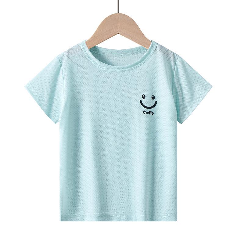 Children's Short Sleeve Ice Silk T-shirt with Smiley Face Design - Breathable Mesh for Boys & Girls, Perfect Summer Base Layer