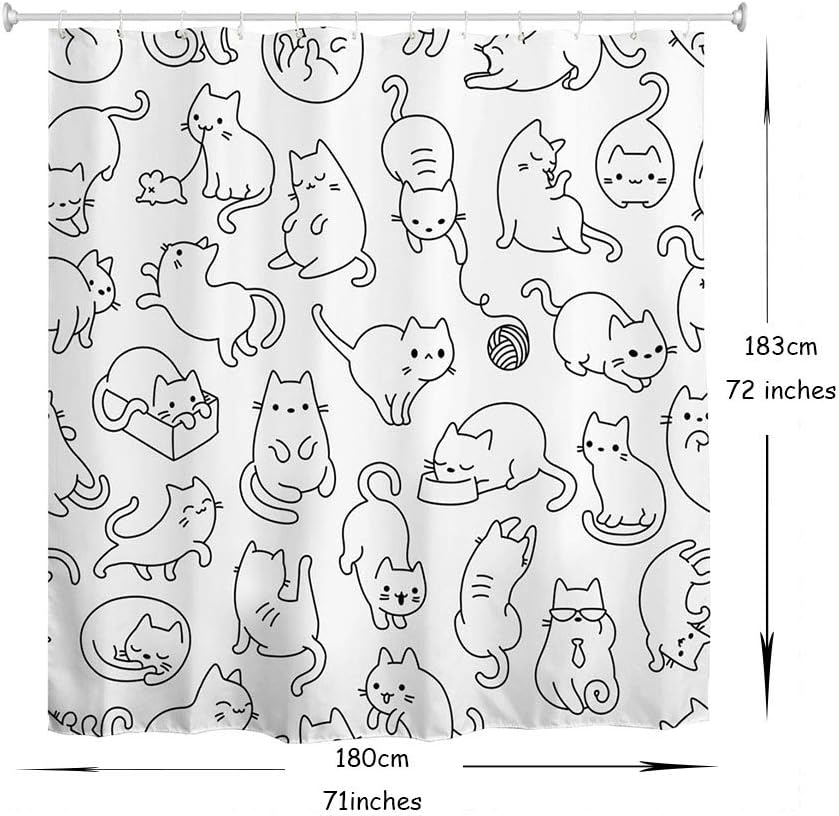 Shower Curtain for Bathroom with Hooks, Black and White Cute Cartoon Colorful Kittens Funny  Long Cloth Fabric Shower Curtain