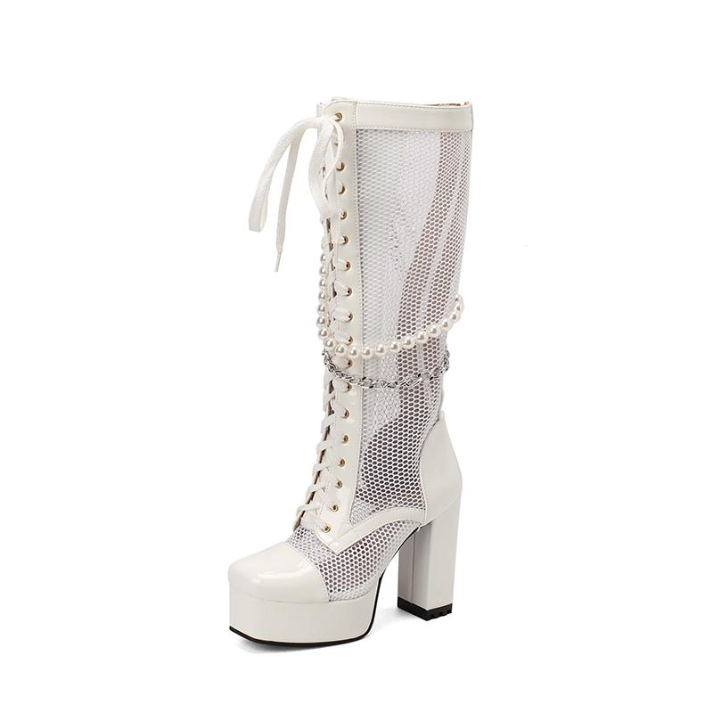 Prodyšné síťované šité lesklé lakované kožené motocyklové boty čtvercová špička platforma křížové šněrování řetízek perlový řetízek dámské boty