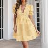 Women's Fashion Summer Spring Solid Color Print Short Sleeve V-Neck High Waist Casual Dresses