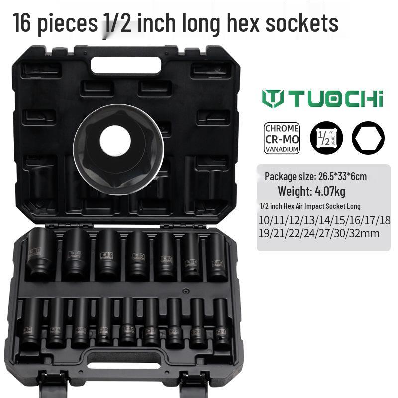 16-Piece Pneumatic Hex Air Impact Wrench Set with 1/2 Hex Long Extension Bar and Torx 12-Point Socket