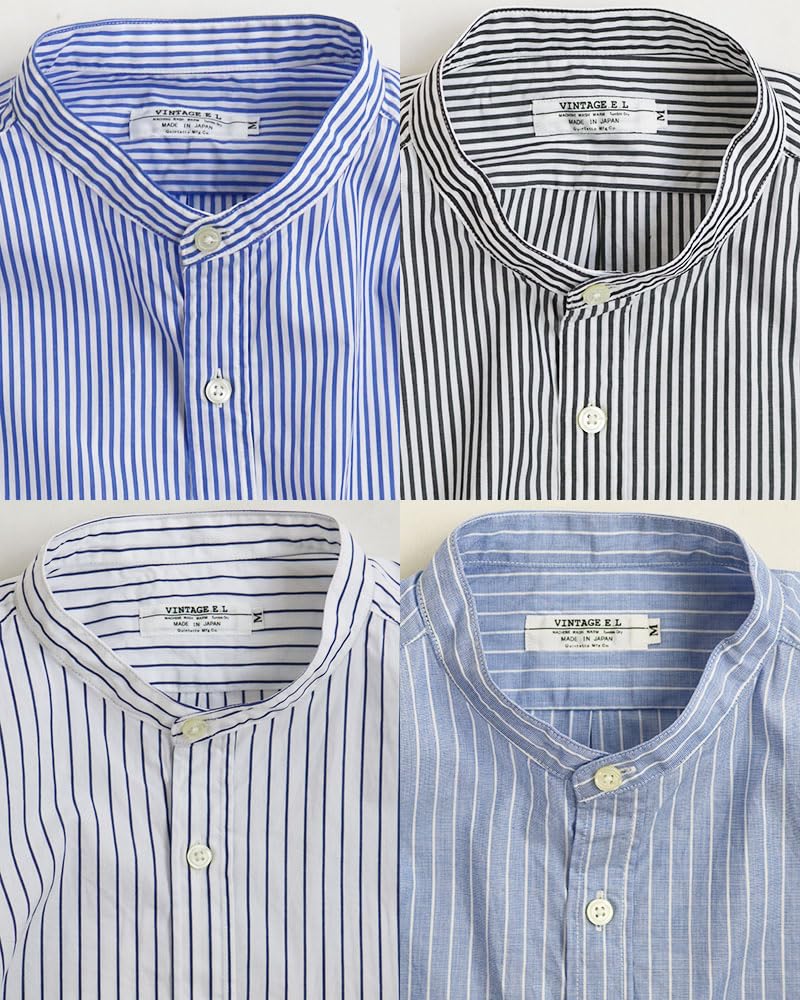 Quintet VINTAGE EL Band Collar Striped Stand Long Made in Size Men's Shirt, Collar, Sleeve, Japan, L, Navy, 11-70192 (Size 3-2)