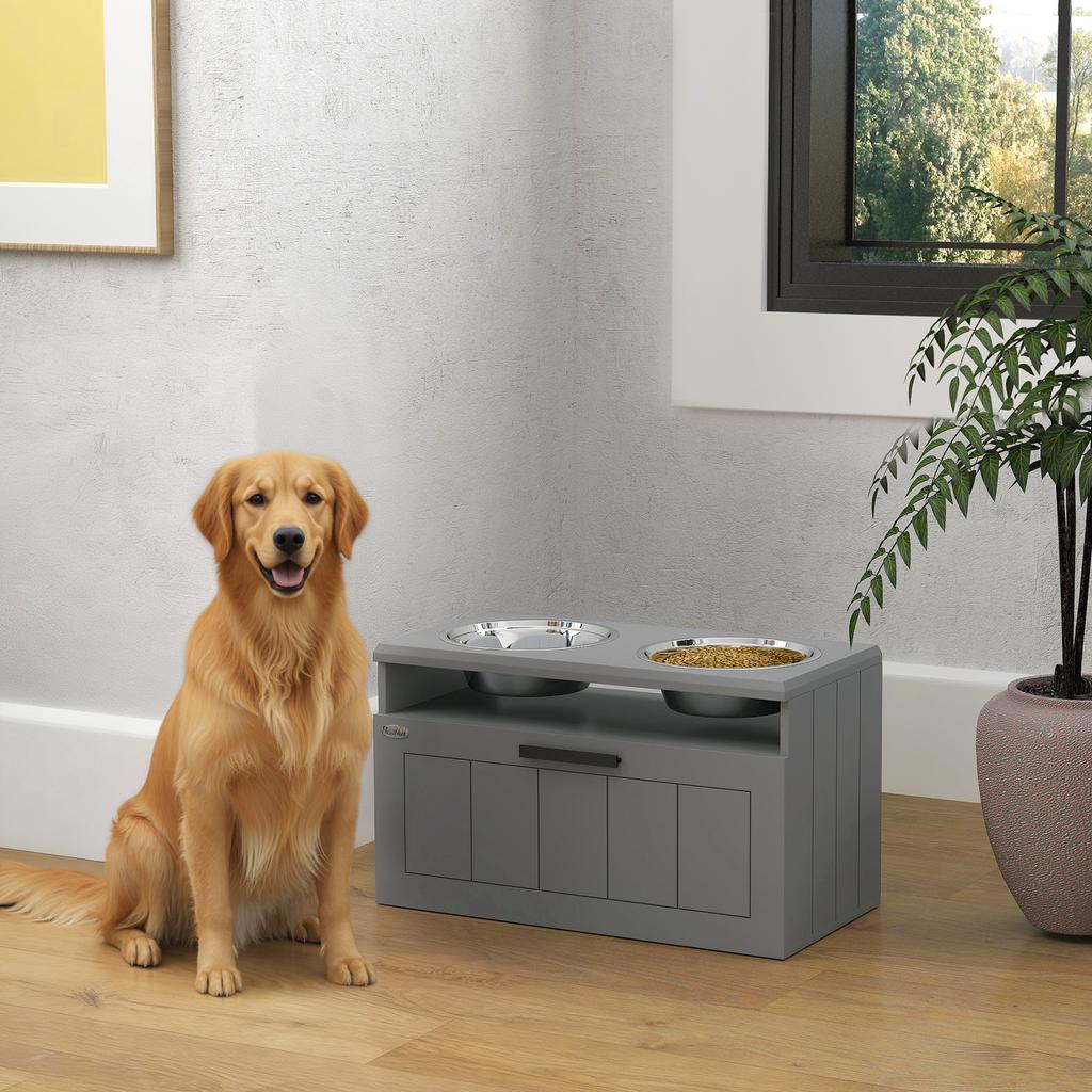 Elevated Dog Bowl, Slow Feeder, Stainless Steel, Storage Drawer, 60 x 30 x 35 cm, Grey