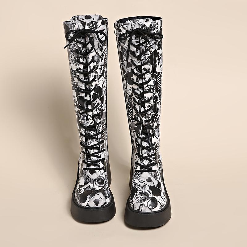 Fashion Women's Autumn New Printed Plus Fleece Platform Long Cylinder Riding Boots High Cylinder Boots