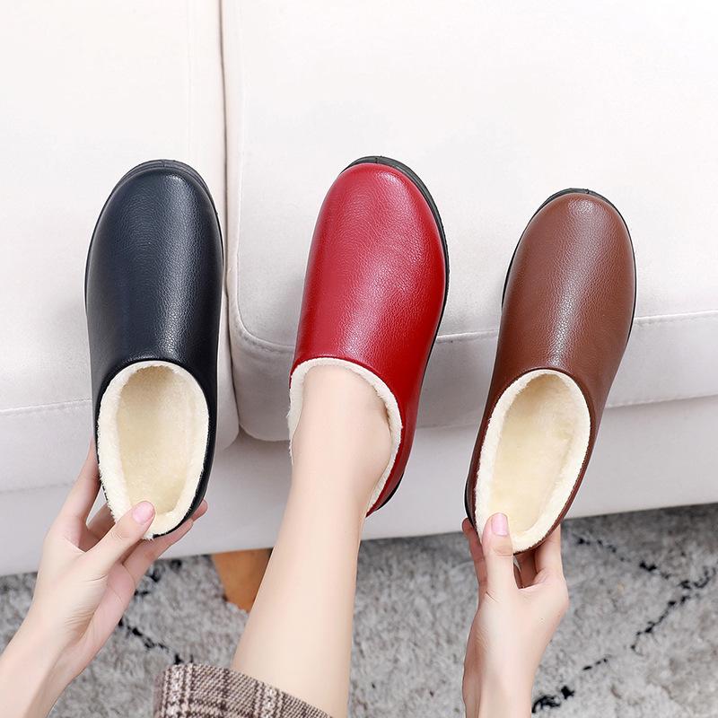 Thiened Cotton Slippers for Women's Winter Anti-Water Slip-Resistant Warm Indoor Outdoor Wearable Padded Flat Heel Couple Oes