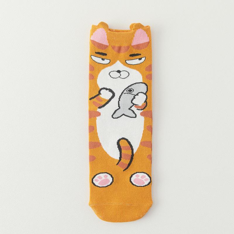 Women's Cute Cartoon Cat Mid-Calf Socks 3D Ears Lucky Cat Cotton Casual Socks