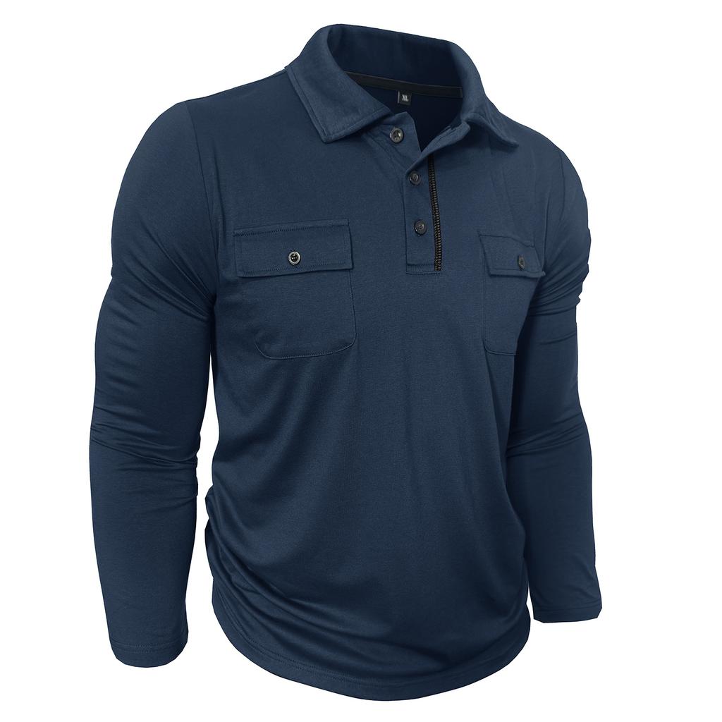 Spring Autumn Men's Long Sleeve Casual Polo Shirts Solid Lapel Button Up Pull On Polos Man