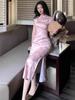 Women's Summer Waist-Cinched Satin Jacquard Qipao Dress with Stand Collar
