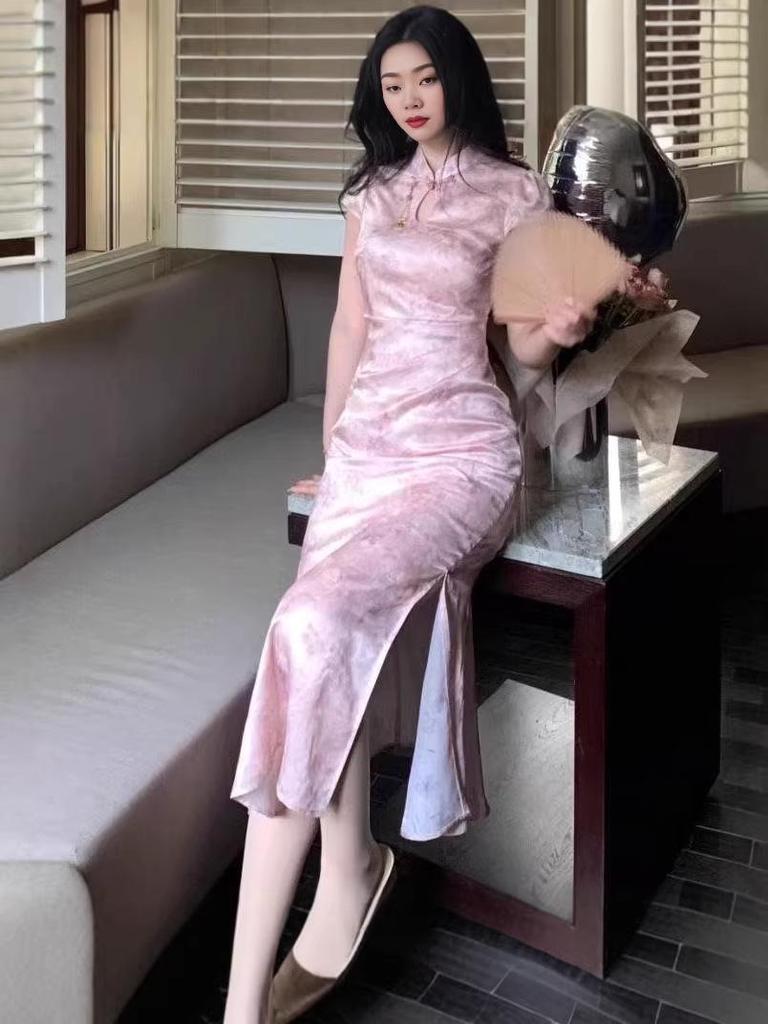 Women's Summer Waist-Cinched Satin Jacquard Qipao Dress with Stand Collar
