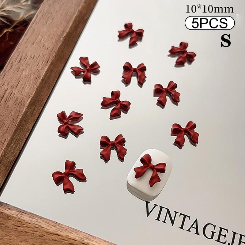 

5 шт. французская лента цвета красного вина, мини-бантик из желе, смоляные стразы для дизайна ногтей, украшения для маникюра, винтажные подвески, аксессуары для салона красоты своими руками S
