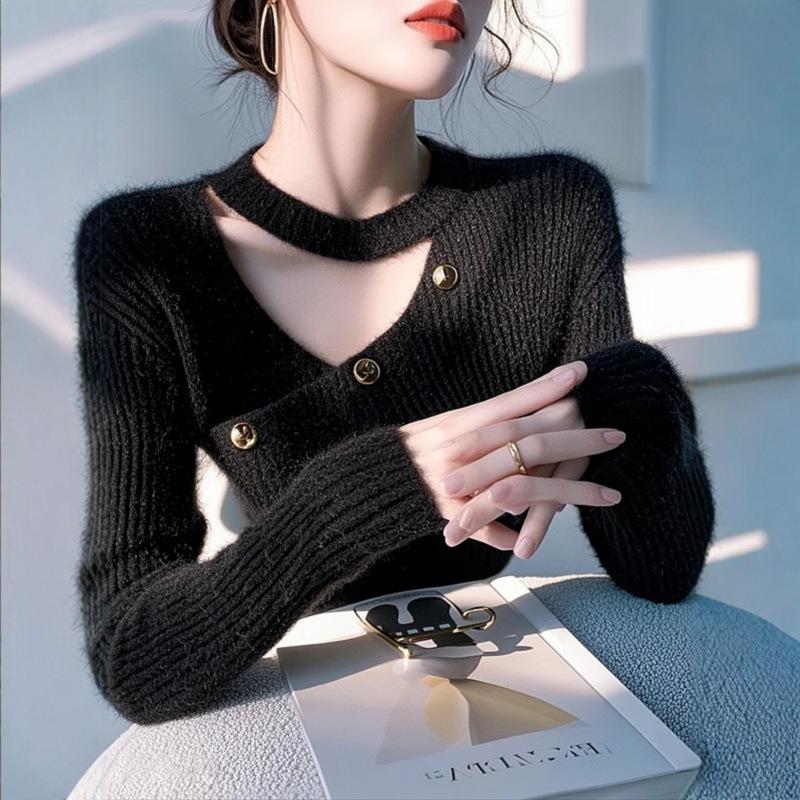 

Осень и зима новый свитер с вырезом, вязаный свитер, женский дизайн, красивый топ с длинным рукавом one size fits all чёрный