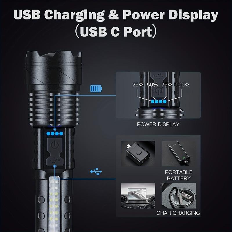 LED Flashlight High Power Torch USB Rechargeable Zoomable Waterproof Emergency Camping Flashlight Built-in Battery