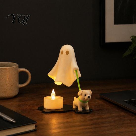 Indoor Holiday Home Decorations Ghost Walking Dog Night Light, 3D Printed LED Warm Lamp, Cute Decorative with Leash Puppy Statue Candle, Halloween