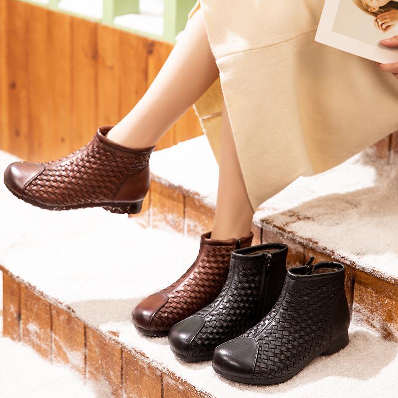 2025 Herbst/Winter Vintage Gewebte Rindsleder Stiefeletten: Echtes Leder, Dicke Sohle, Reißverschluss, Handgefertigte Damenmode